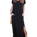 HUSKARY Womens Casual Pocket Beach Long Dress Short Sleeve Split Loose Maxi Dress, Black 01, XL