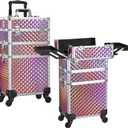 FRENESSA 3 in 1 Rolling Makeup Train Case Portable Cosmetic Trolley Large Storage for Professional with 360 Swivel Wheels Salon Barber Case Traveling Cart Trunk - Glitter Pink