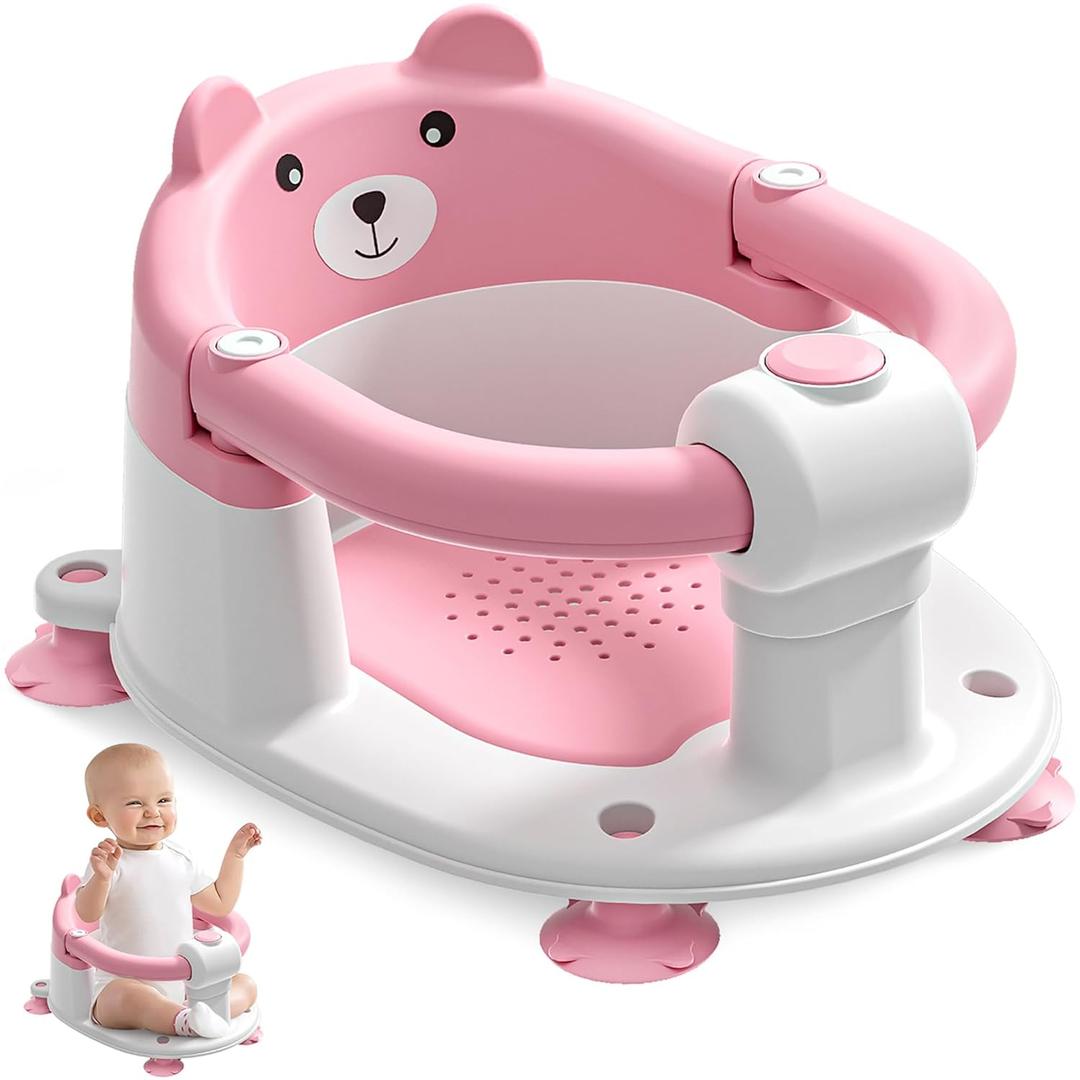 Baby Bath Seat for Babies 6 Months & up, Non-Slip Toddler Bath Seats for Babies Sitting Up, Safe Infant & Newborn Bathtub Chair with 4 Suction Cups & Soft Cushion for Shower,Pink