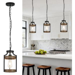 Farmhouse Pendant Light, Rustic Wood Metal Light Fixtures with Adjustable Hanging Chain, Small Pendant Lighting for Kitchen Island, Dining Room, Entryway, Cafe & Bar, 3 Pack