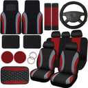 Fabbay 21 Pcs Car Seat Covers Full Set Car Floor Mats Steering Wheel Cover Armrest Seat Belt Pad Seatbelt Cup Mats Emblem Ring Sticker for Sedans Trucks SUV(Black, Brick Red)