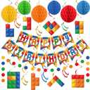 Building Block Birthday Party Decorations Brick Themed Happy Birthday Banner Colorful Block Hanging Swirls Honeycomb Balls Circle Dots Garland for Colorful Brick Pre-strung Birthdays Party Decor