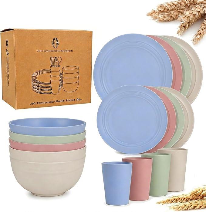 Mtgluk Wheat Straw Dinnerware Set for 4, Plastic Plates, Bowls, and Cups, Unbreakable, Dishwasher & Microwave Safe, Eco-Friendly, Ideal for Family Meals, Camping, and Picnics (Light color)