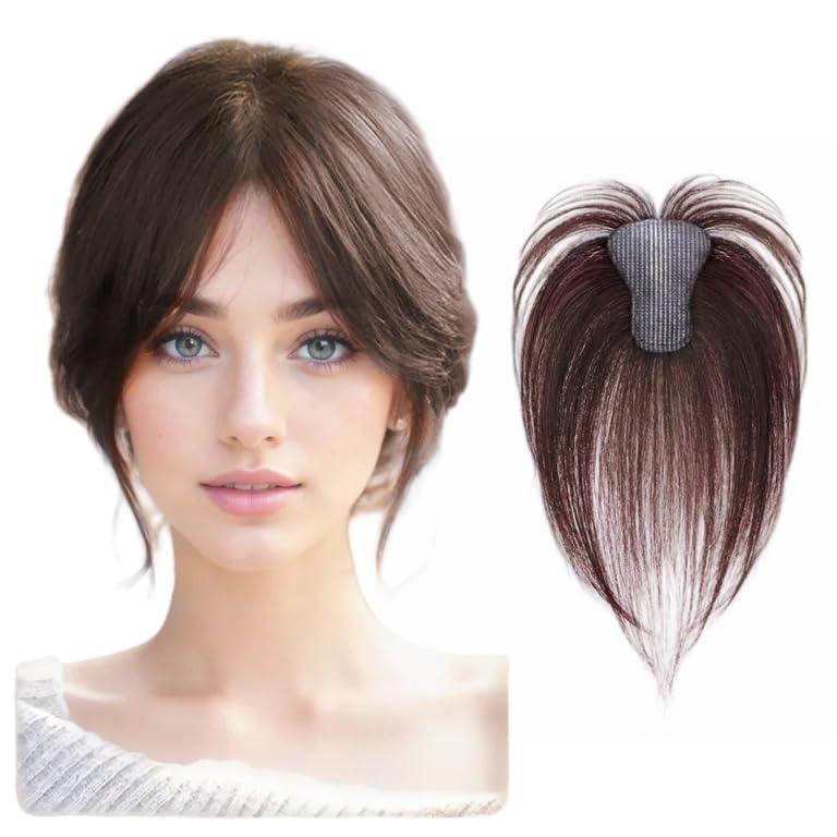 Human Hair Patch for Women 6x8cm No Clip Hair Topper Hook and Loop Magic Paste Hairpiece for Thinning Hair (Dark Brown no Bangs 6x8cm)