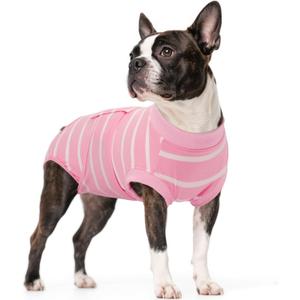 Kuoser Dog Surgery Recovery Suit, Soft Breathable Dog Recovery Suit for Female Spay Male Nueuter, Anti Licking Puppy Onesie Pet Surgical Suit for Dogs Abdominal Wounds Skin Disease, Pink Strips M (Medium (Back: 13.4" - 16.1"; Weight: 14 - 25LB))