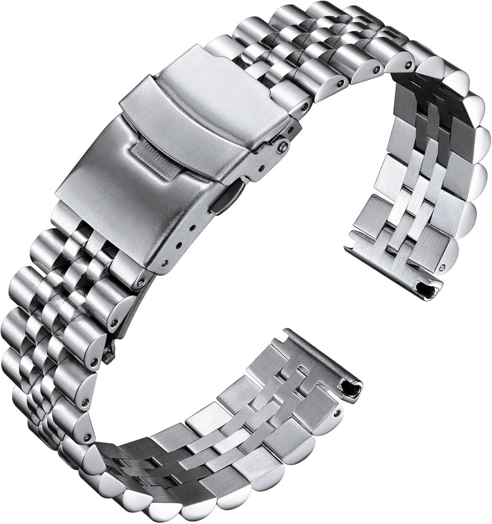 BINLUN Stainless Steel Watch Band Replacement Metal Watch Strap with Double Locking Foldover Clasp for Men Women 18mm in Silver, 