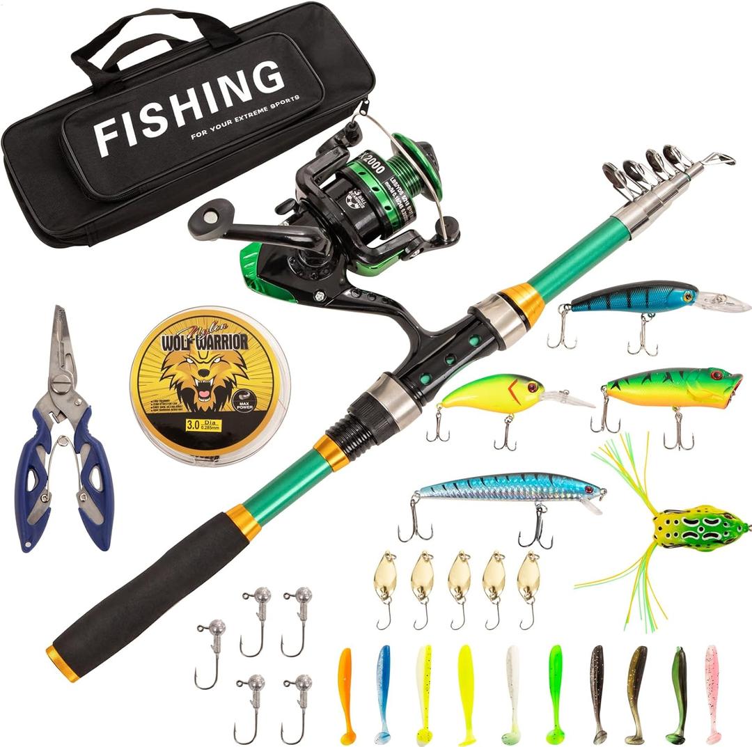 I00000 Fishing Rod and Reel Combos with Fiberglass Telescopic Fishing Pole - Spinning Reel Fishing Carrier Bag, Freshwater and Saltwater Fishing Rod Kit,Travel Fishing Kit for Bass Trout (Green)