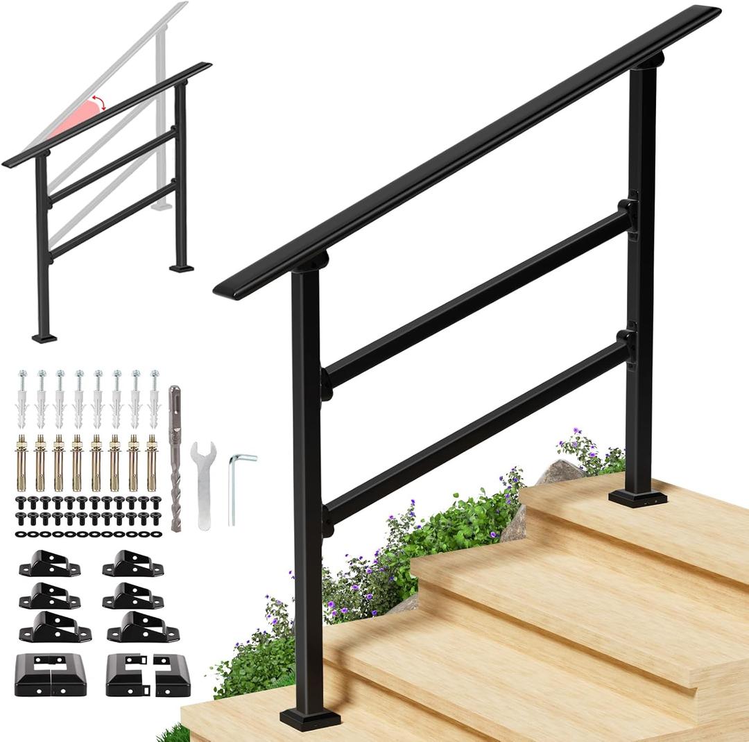 4-Step Handrails for Outdoor Steps & Indoor Stairs, Heavy Duty Iron Stairs Railing Kit, Hand Rails for Seniors, Porch, Deck, Steps, Hallways (Black)