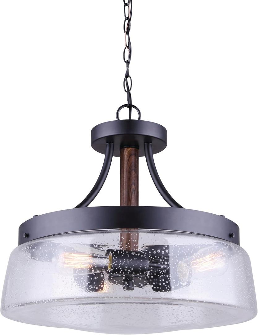 Canarm Riva 3-Light Dual-Mount Chandelier, Black and Wood Finish with Seeded Glass Shades, Rustic Lighting for Dining Room, Kitchen or Living Room