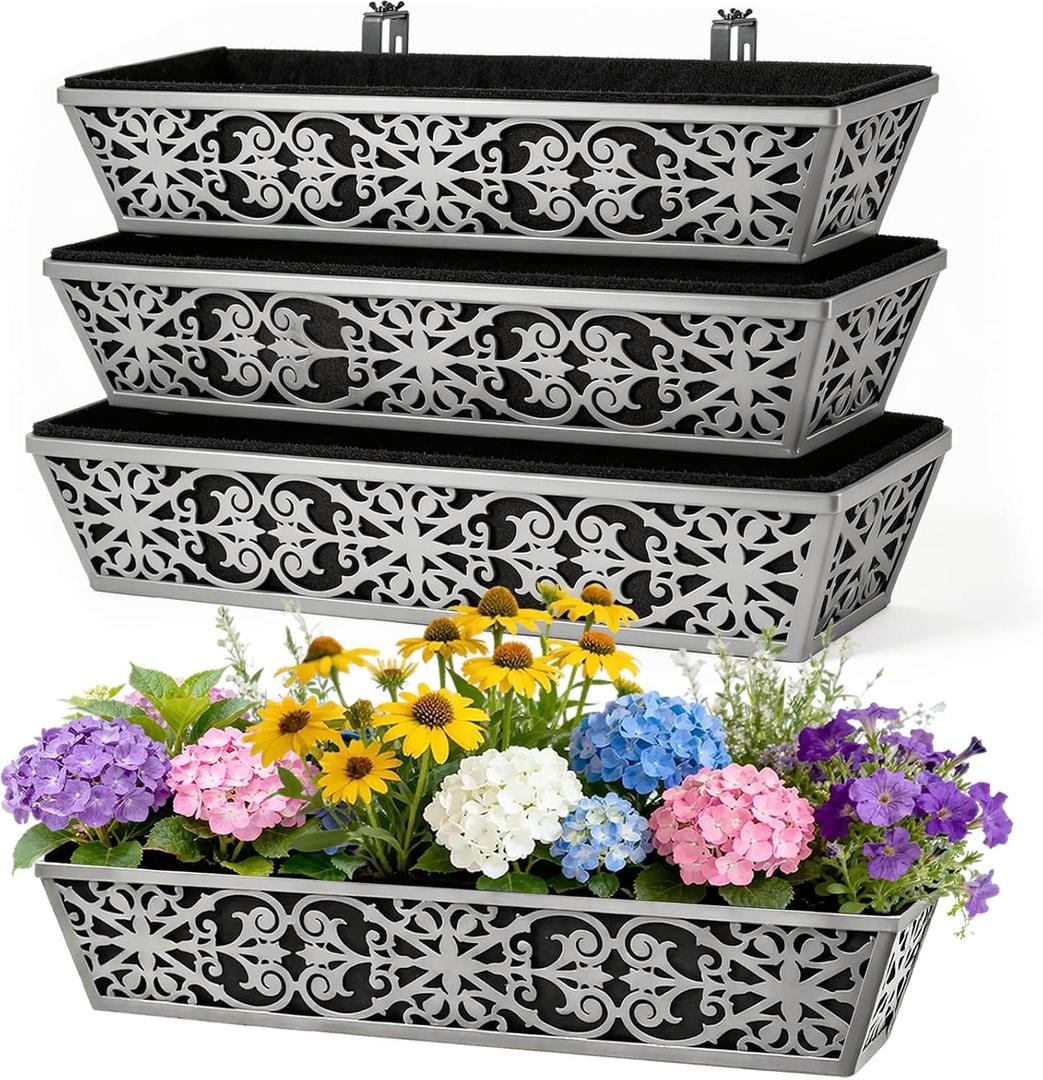 4 Pack 30 Inch Window Boxes Planter for Outdoor Plants Deck Railing Planters Box with Adjustable Brackets for Porch Fence Balcony Hanging Flower Baskets with Non-Woven Fabric Liner for Garden Dcor