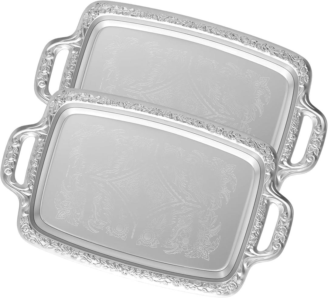 2 Pcs Silver Serving Tray with Handles, Vintage Floral Metal Silver Platter Tray, Elegant Silver Trays for Wedding Tableware Party Decoration