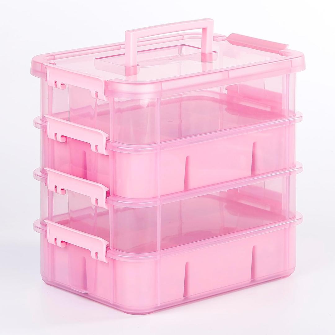 Art Supply Storage Organizer with 2 Removable Trays, 4-Layer 11QT Durable Craft Organizers and Storage for Sewing, Tool, Office Supplies, Art, Craft Supplies(Pink)