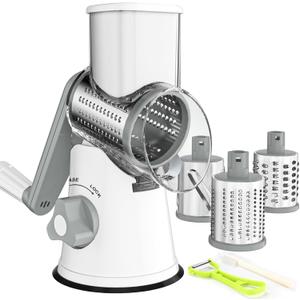 Ourokhome Rotary Cheese Grater Hand Crank, Kitchen Shredder Speed Mandolin Slicer Nuts Grinder with Handle and Drum Blades for Cheese, Vegetable, Walnuts, Chocolate, Potato, Carrot, 3 Blades, White