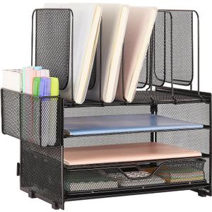 LEKETREE Desk Organizers and Accessories, 3-Tier Paper Organizer with 5 Vertical File Holders, File Organizer for Desk (Black With Drawer, 3T With Drawer)