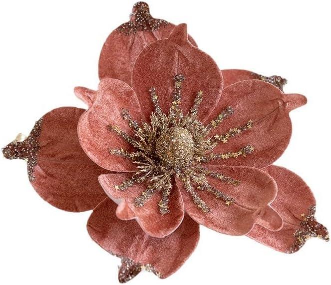 6 Pcs Christmas Glitter Magnolia Flower Artificial Poinsettia Magnolia Flowers with Stem 9.4inch Christmas Tree Magnolia Flowers for Xmas Wedding Holiday Decor Wreath Garland Photo Prop (Pink)
