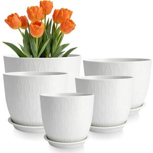 GARDIFE Plant Pots 10/9/8/7.5/7 Inch Plant Pots, Set of 5 Plastic Planters with Drainage Holes and Saucers,Plastic Flower Pots,Nursery Planting Pot for Indoor Out Door Plants (White)
