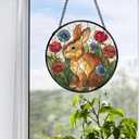Easter Bunny Flower Stained Glass Window Hanging, Bunny Rabbit Floral Sun Catchers Indoor Window Round Glass Wall Art Decor, Easter Rabbit Suncatcher Wall Hanging Decorations, 7.9x7.9 inch