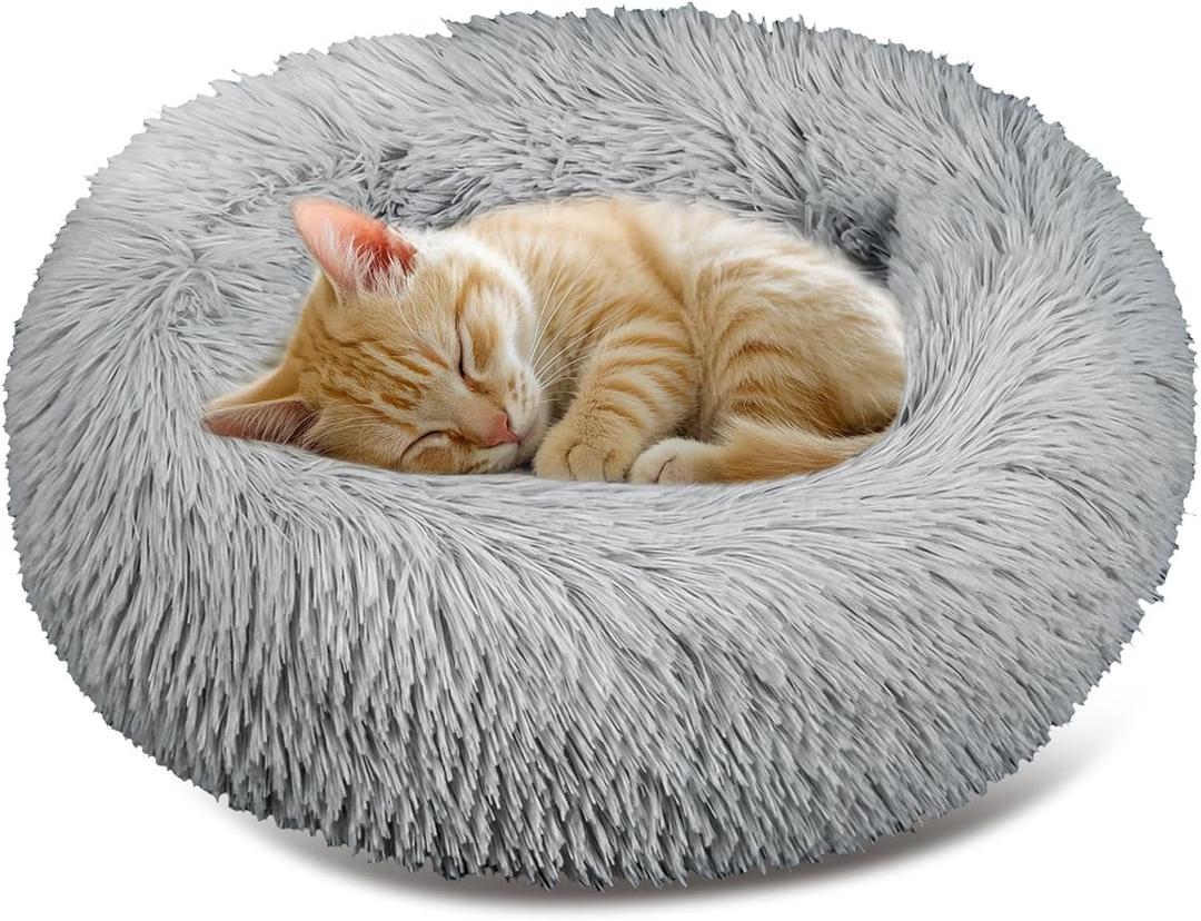 RAINFLOW Cat Bed - Calming Cat Bed for Small Kittens Donut Washable Round for Indoor Kittens and Puppies, Anti-Slip Round Fluffy Plush Faux Fur, Medium, Light Grey