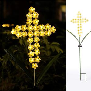 Solar Cross Garden Lights Outdoor Decorative - Solar Metal Cross Yellow Hydrangea Flower Stake Lights Waterproof 28 Warm White LEDs for Remembrance Gifts & Sympathy Gifts