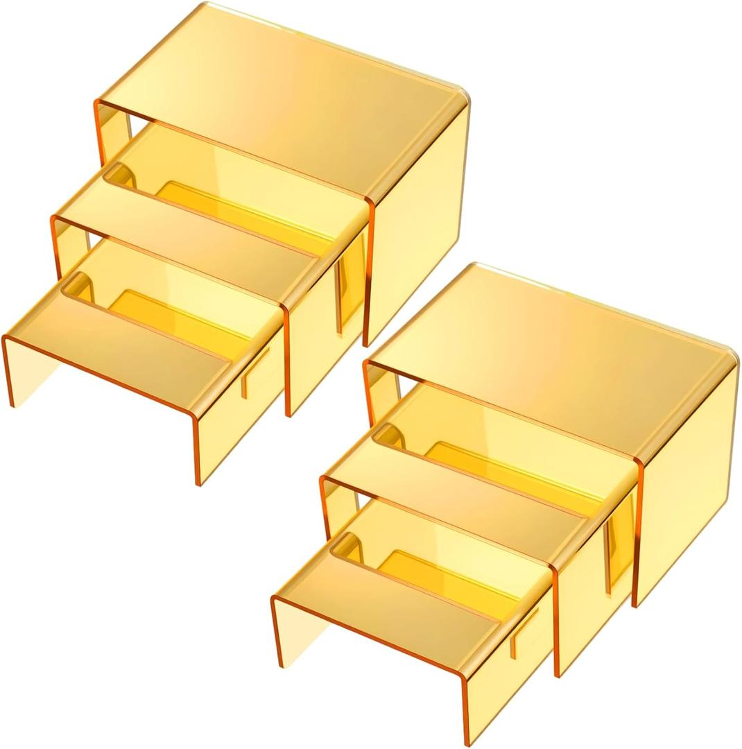 Chuangdi 2 Sets Acrylic Display Risers, Product Stand, Jewelry Display Riser Shelf Showcase Fixtures for Dessert Cupcake Candy Figure Treat Action Showcase(Gold, Small Set)