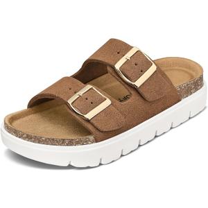 mysoft Women's Comfortable Arch Support Footbed Cork Wedge Sandals - Slip-On Platform Summer Slides with Adjustable Buckle (9)