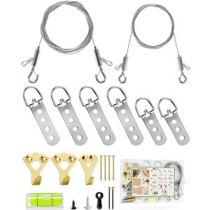 Picture Hanging Wire Kit Heavy Duty, 70PCS Picture Hanging Kit for Large Frame/ Mirror up to 50lbs/ 100lbs, including Adjustable Picture Wire, Hooks, D Rings, Frame Backing Clip, Mini Level