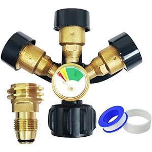 NQN Upgraded 3 Way Propane Splitter QCC/POL with Gauge and Shut-Off Valve, Propane Tank 3 Y Splitter Adapter, Propane LP Tank Fuel Tee Gauge Adapter Fitting 3 Way Propane Gas Splitter for Propane Tank
