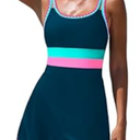 popvil Women One Piece Swimdress Swimsuit Neon Tummy Control Bathing Suit Swim Dress with Shell Trim U Neck Swimwear, Teal, X-Large