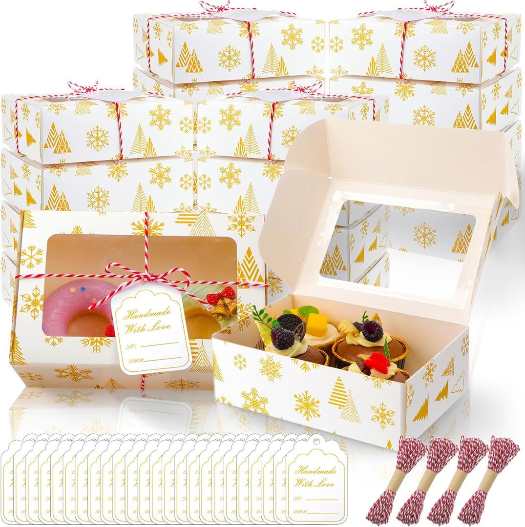 24 Set Christmas Cookie Boxes with Window 7"x4.7"x2.4" Christmas Cookie Tins Bakery Treat Box for Gift Giving Xmas Treat Container with Ribbon and Tag for Winter Xmas Party Supply (Classic)