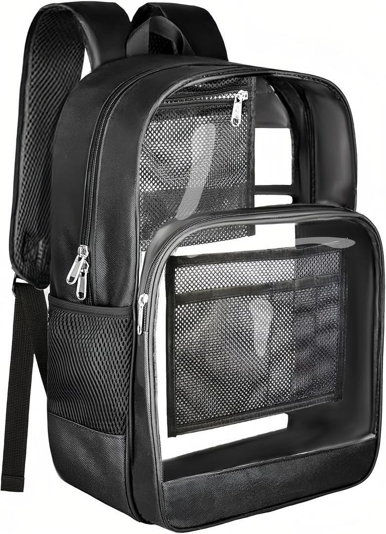 BrillaraSymn Heavy Duty Clear Backpack, Sturdy Fabric Clear Bookbag for School, Transparent PVC & Oxford Backpacks with Privacy Pocket for College Work Travel Security, Black