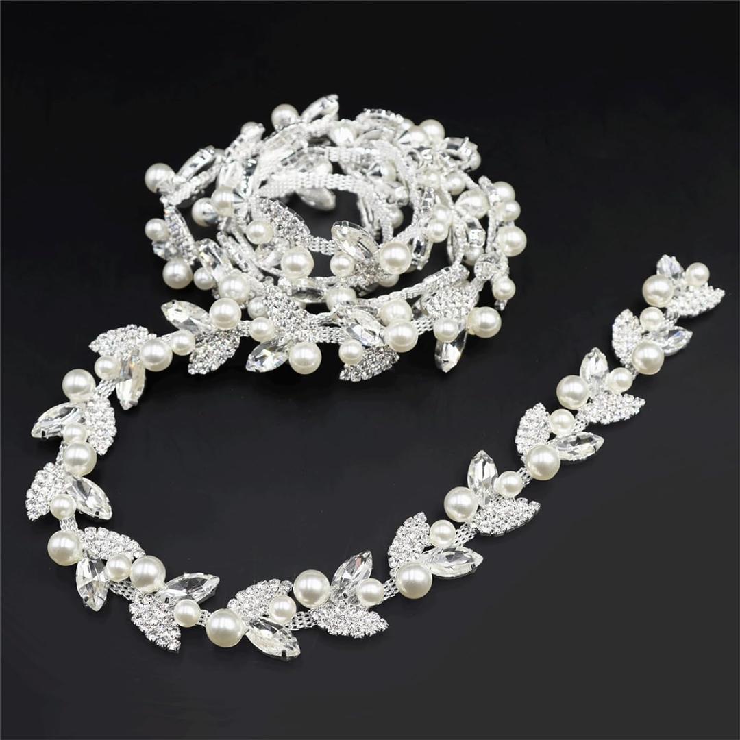 Jerler 1 Yard Pearl Tassel Rhinestone Trim, Inlaid Pearl Beaded Chain, Crystal Applique Ideal for DIY and Wedding Party Decoration Bridal Embellishments, 0.78" Width (Tassel-11, 1 Yard)