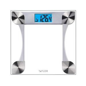 Taylor Digital Bathroom Scale for Body Weight, Large 12.2 Inch Glass Platform, Blue Backlit LCD Display, 440 lb Capacity, Weight Tracking for 2 Users, Clear