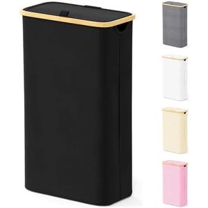 SpaceAid Slim Laundry Hamper with Lid, 65L Narrow Clothes Basket Bin with Bamboo Handles, Skinny Tall Collapsible Hamper for Bedroom, Bathroom, Dorm, Laundry Room - Black