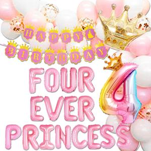 Four Ever a Princess Birthday Decorations Pink Gold Princess Castles Balloon Garland Crown Number 4 Foil Balloons Banner for 4 Years Old Birthday Party Decor Supplies
