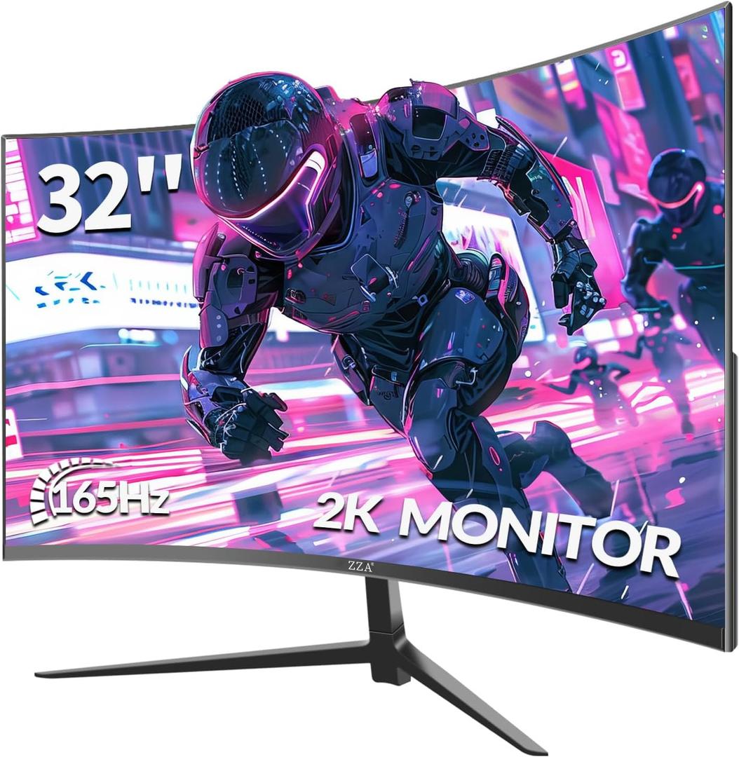 ZZA 32-Inch QHD Curved Gaming Monitor - 2K Resolution, 165Hz/180Hz Refresh Rate, 1ms Response Time, FreeSync & G-Sync, HDR10, 122% sRGB Coverage, DP/HDMI, VESA Mount Compatible (32 inch)
