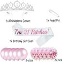 "I'm 21 Bitches" Sash and Rhinestone Tiara Kit, Pink Letter White Birthday Sash Balloons Crystal Silver Tiara Crown for Girl 21st Birthday Gift Ideas Party Decorations