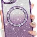 Bonoma Compatible with iPhone 15 Case Support for MagSafe, Plating Diamond Glitter Magnetic 2* Screen Protector Camera Protection Back Cover for Girls Women -Purple