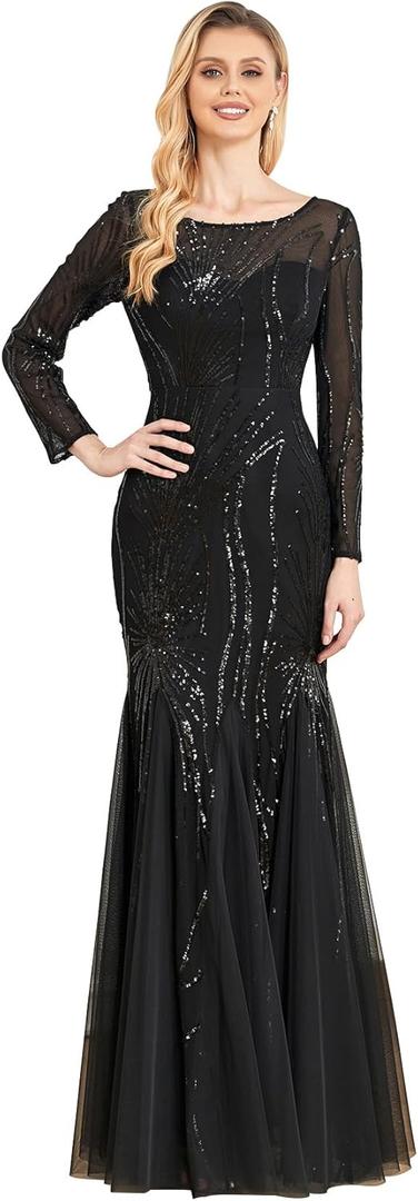 Long Sleeve Sequin Evening Dress Glitter Mermaid Long Gown for Mother of The Bride Or Wedding Guest (XX-Large, Black)