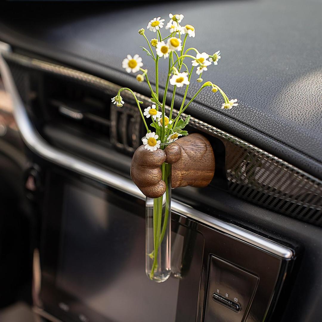 Cat Paw Car Vent Clip with Walnut Wood & Glass Test Tube, Cute Aesthetic Car Decor Accessories for Women, Girly Dashboard Decoration, Plant Holder for Car Interior Decor