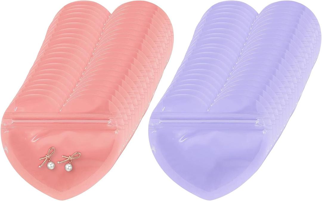 100 PCS Heart-Shaped Jewelry Bags - Clear Resealable Packaging Bags for Earring Jewelry, Small Trinkets, Party Favors (Pink Purple)