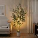 5ft (150 cm) Artificial Olive Tree with White Pot, Moss & USB LED 711 Leaves, 40 Olives, Realistic Fake Indoor Potted Plant for Home, Bedroom, Office & Living Room Decor