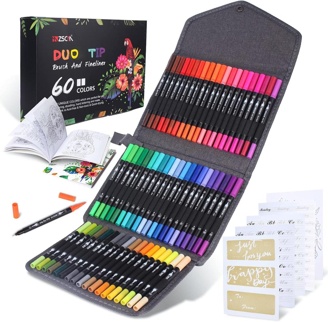 ZSCM Duo Tip Brush Coloring Pens,60 Colors Art Markers,Fine Brush Tip Pen for Adults Coloring Book Journals Planner Writing Drawing Note Taking, Include Brush Lettering Calligraphy (B-60 Colors)