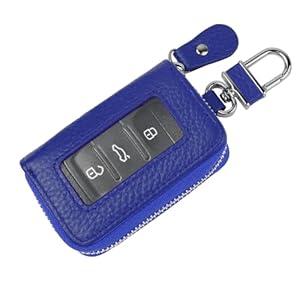 Wuyaoyao Car Key Fob Cover, Genuine Leather Car Key Case Holder with Keychain, Universal Auto Smart Key Protector Case for Men Women 
(Royal Blue)