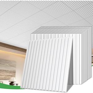 24 PCS 24x24 Inch Slat White Ceiling Tiles, 2x2 Ft Fluted Drop Ceiling Panels for Interior Decor PVC Waterproof Ideal for Bathroom Living Room Bedroom Office Commercial Spaces Cover 96 Sq.Ft