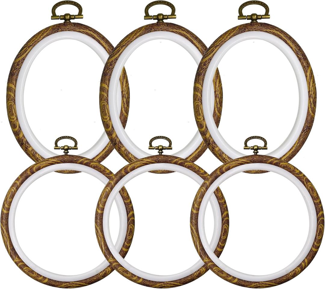 4 Inch Embroidery Hoop Frames for Display, 6 Pack Resin Wood-Look Oval and Round Cross Stitch Hoops for DIY Needlework and Craft Decoration