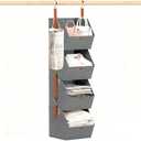 4 Tier Hanging Closet Organizer with Socks Storage Mesh Bag - Space Saving Storage Shelves for Closet, Wardrobe, Fabric Storage Bins for Dorm Rooms, Bedroom (Grey)