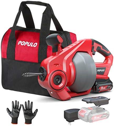 POPULO 20V Cordless Electric Drain Auger-Efficient 25Ft Auto-Feed Drain Snake with Replaceable Cable,2.0Ah Battery,Charger,Storage Bag & Gloves for Kitchen,Bathroom,Shower Pipes (3/4"-2")"