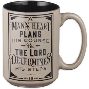 Christian Art Gifts Large Ceramic Coffee & Tea Mug for Men, Dads & Pastors: Man's Heart Plans Inspirational Bible Verse Microwave/Dishwasher Safe Drinkware, Lead/Cadmium-free, Caf Brown/Black, 14 oz.