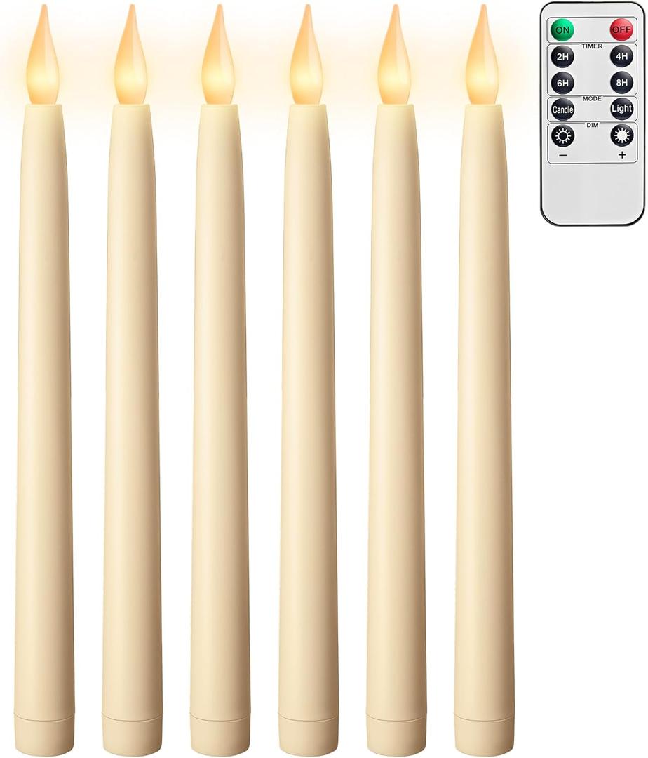otnofok 10.5" Flameless Taper Candles, 6 Pack Battery Operated Plastic LED Candlesticks with Remote, 3D Flickering Flame for Wedding, Christmas Decor, Ivory (Rechargeable Batteries Not Compatible)