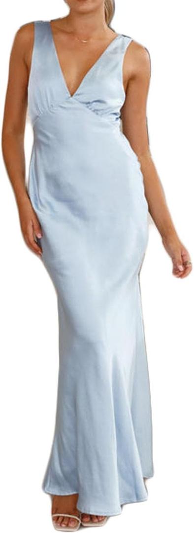 Gmeitoey Summer Satin Formal V Neck Backless Sleeveless Maxi Dress for Women 2026 Elegant Cocktail Wedding Guest Long Dresses (Size: XL) (Color: Light Blue)